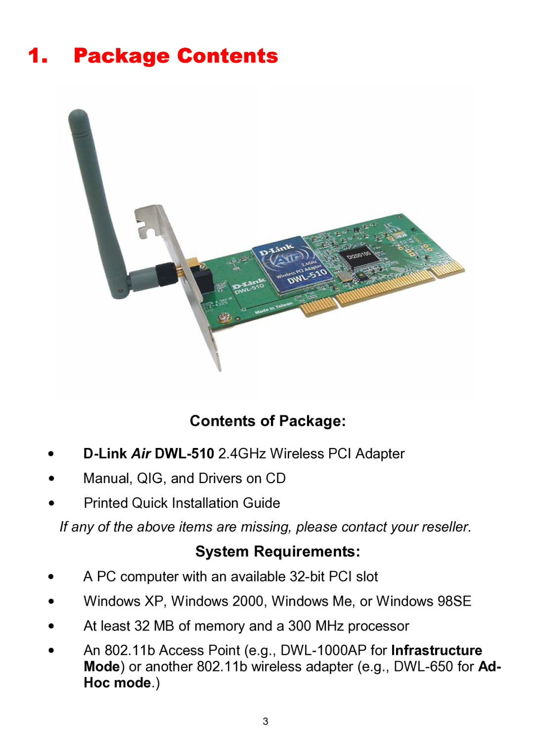 D-Link DWL-510 manual Package Contents 