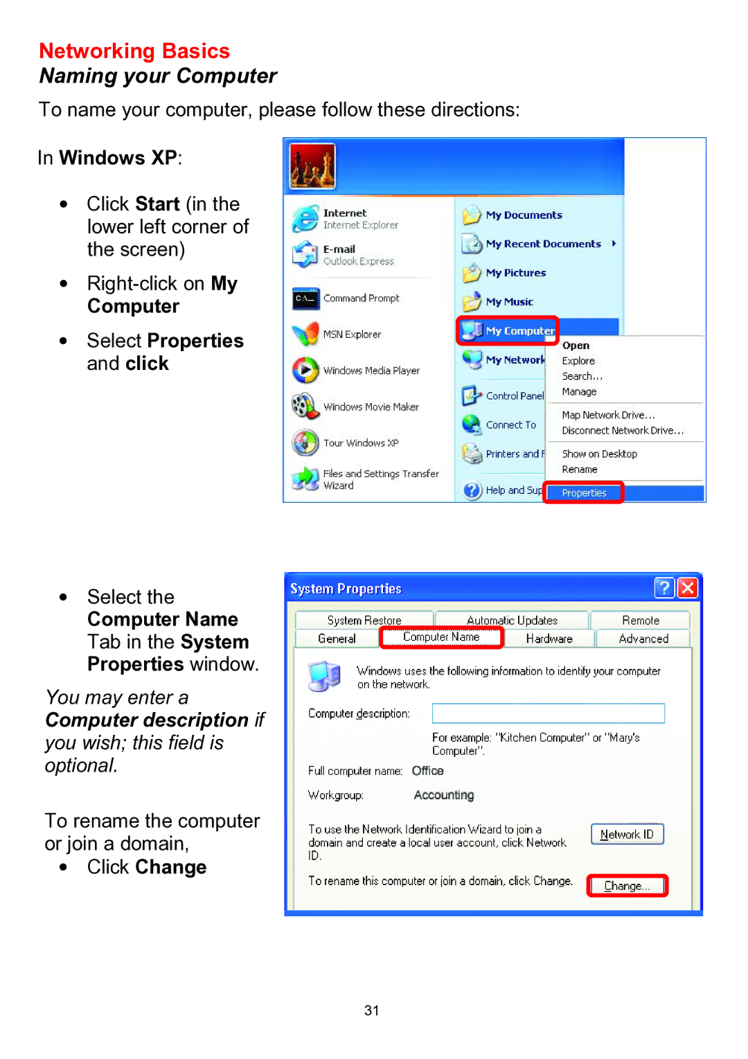 D-Link DWL-510 manual Naming your Computer, Windows XP, Computer Select Properties and click 