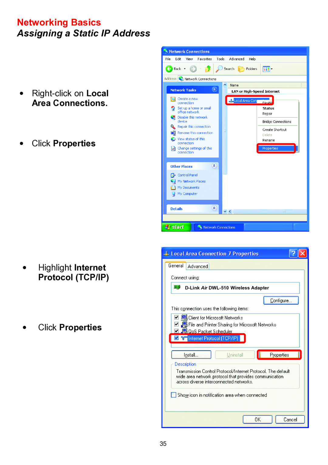 D-Link DWL-510 manual Area Connections Click Properties, Protocol TCP/IP 