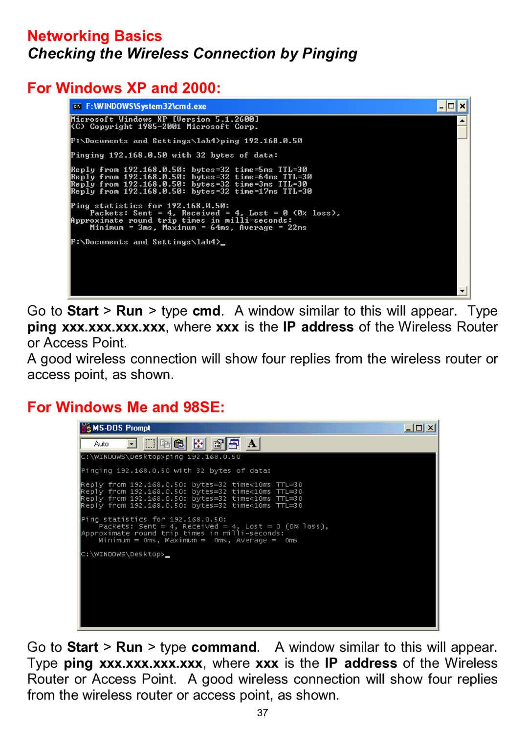 D-Link DWL-510 manual Checking the Wireless Connection by Pinging, For Windows XP 