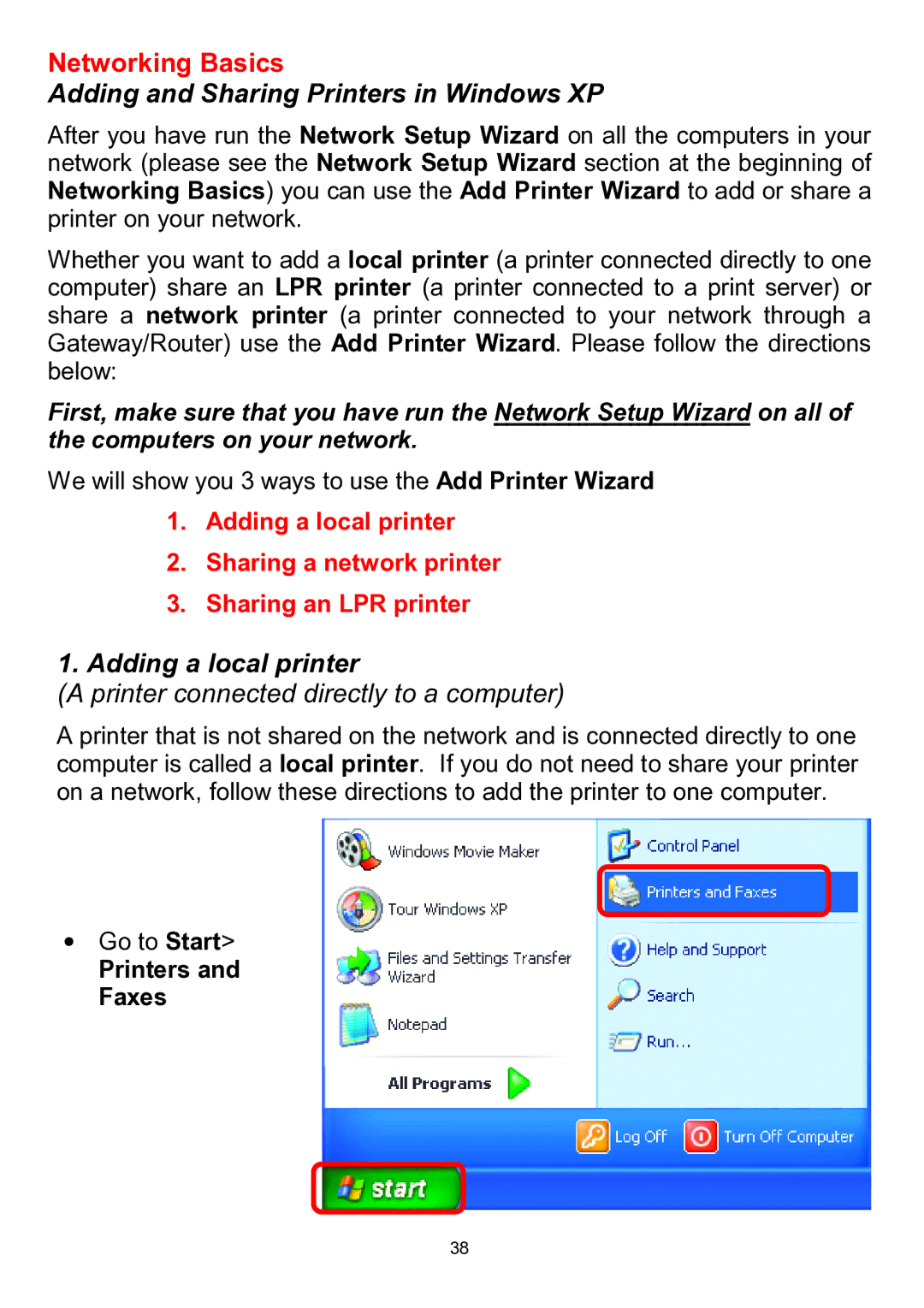 D-Link DWL-510 manual Adding and Sharing Printers in Windows XP, Adding a local printer, Printers and Faxes 