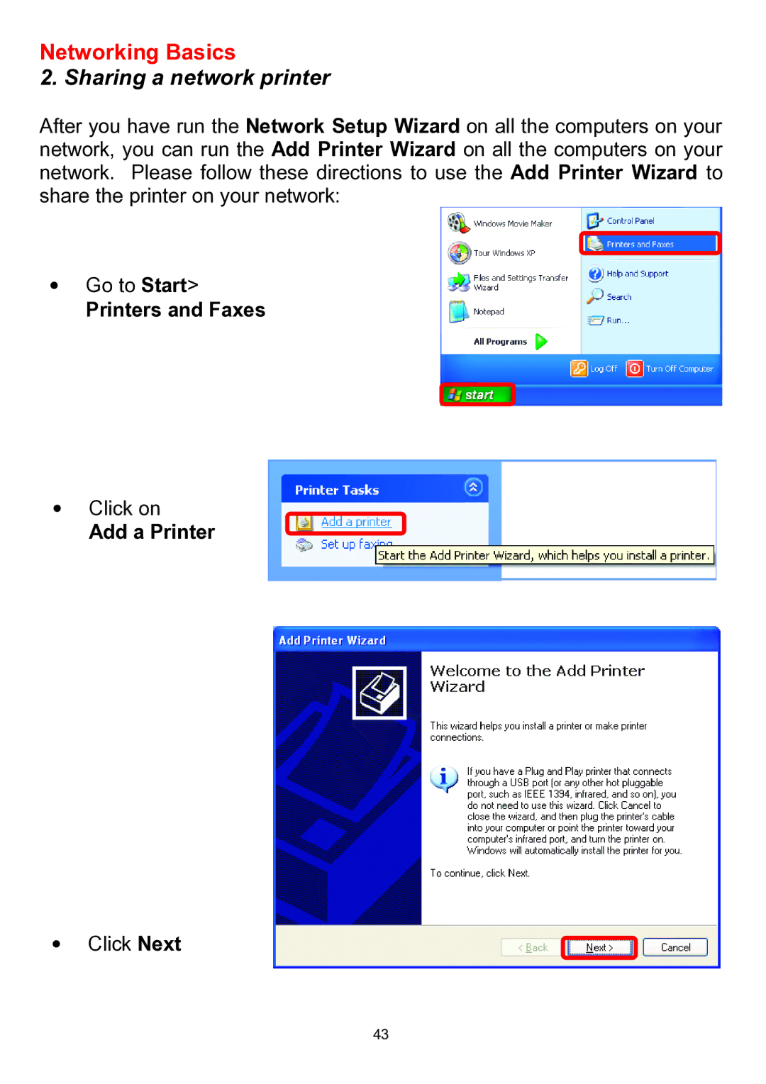 D-Link DWL-510 manual Sharing a network printer, Add a Printer 