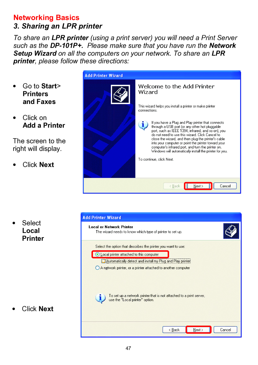 D-Link DWL-510 manual Sharing an LPR printer, Local Printer 