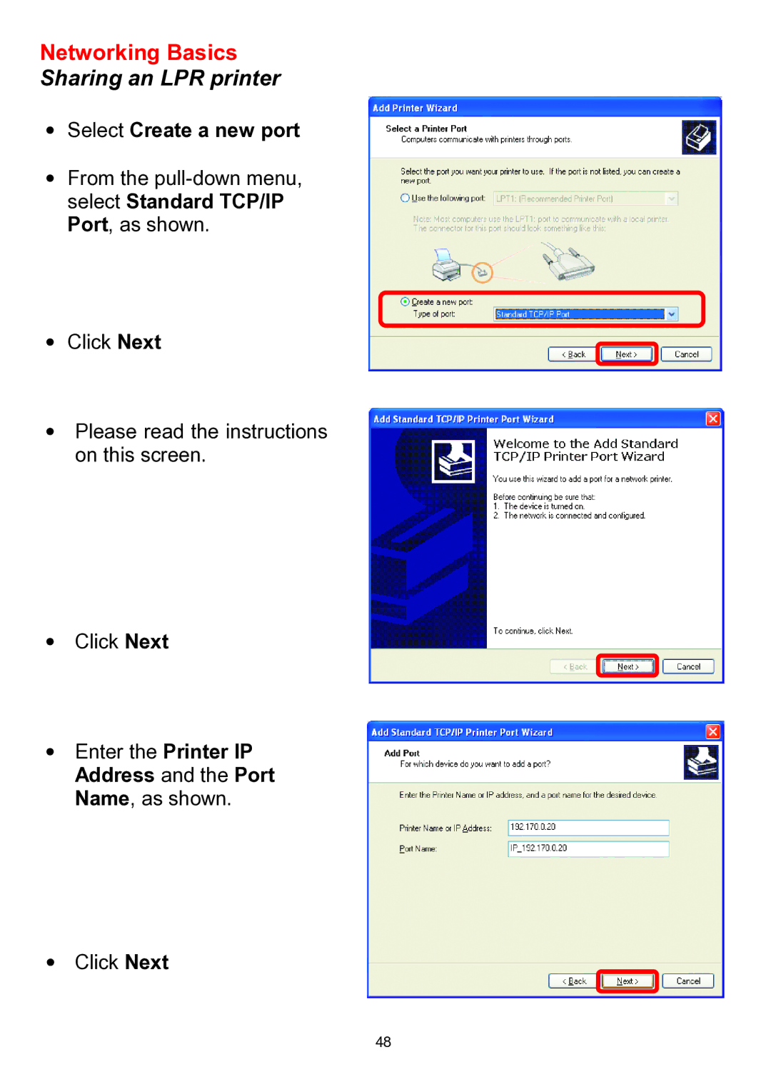 D-Link DWL-510 manual Select Create a new port, Enter the Printer IP Address and the Port Name, as shown 