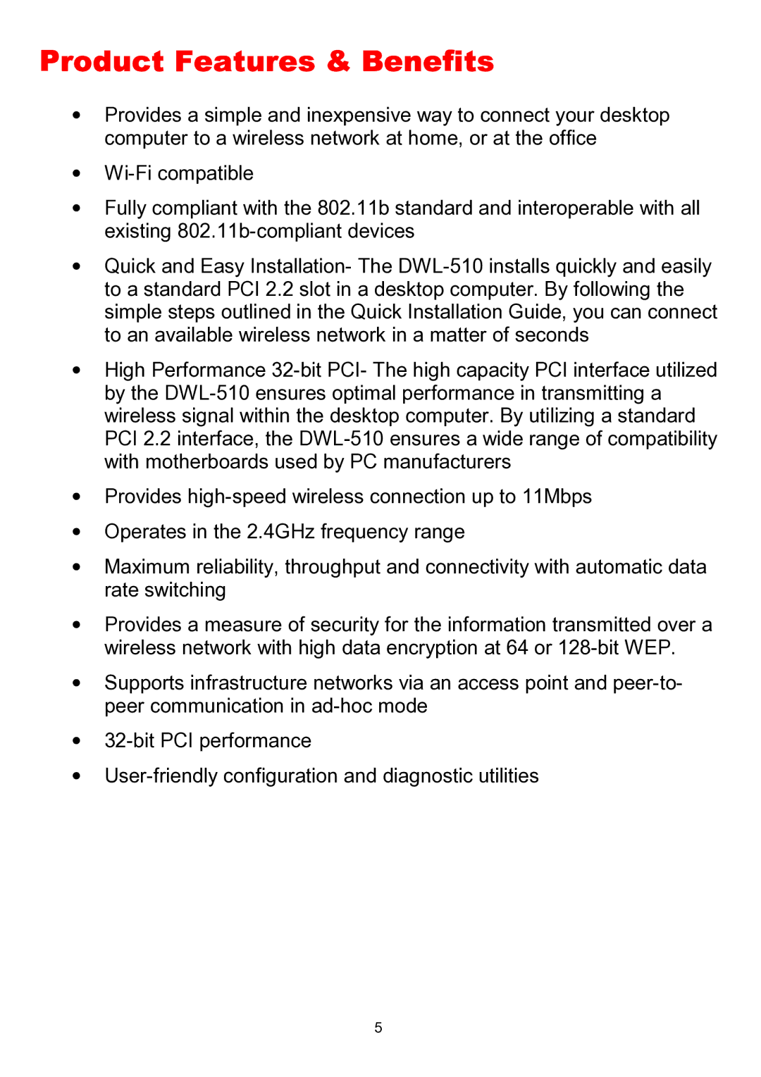 D-Link DWL-510 manual Product Features & Benefits 