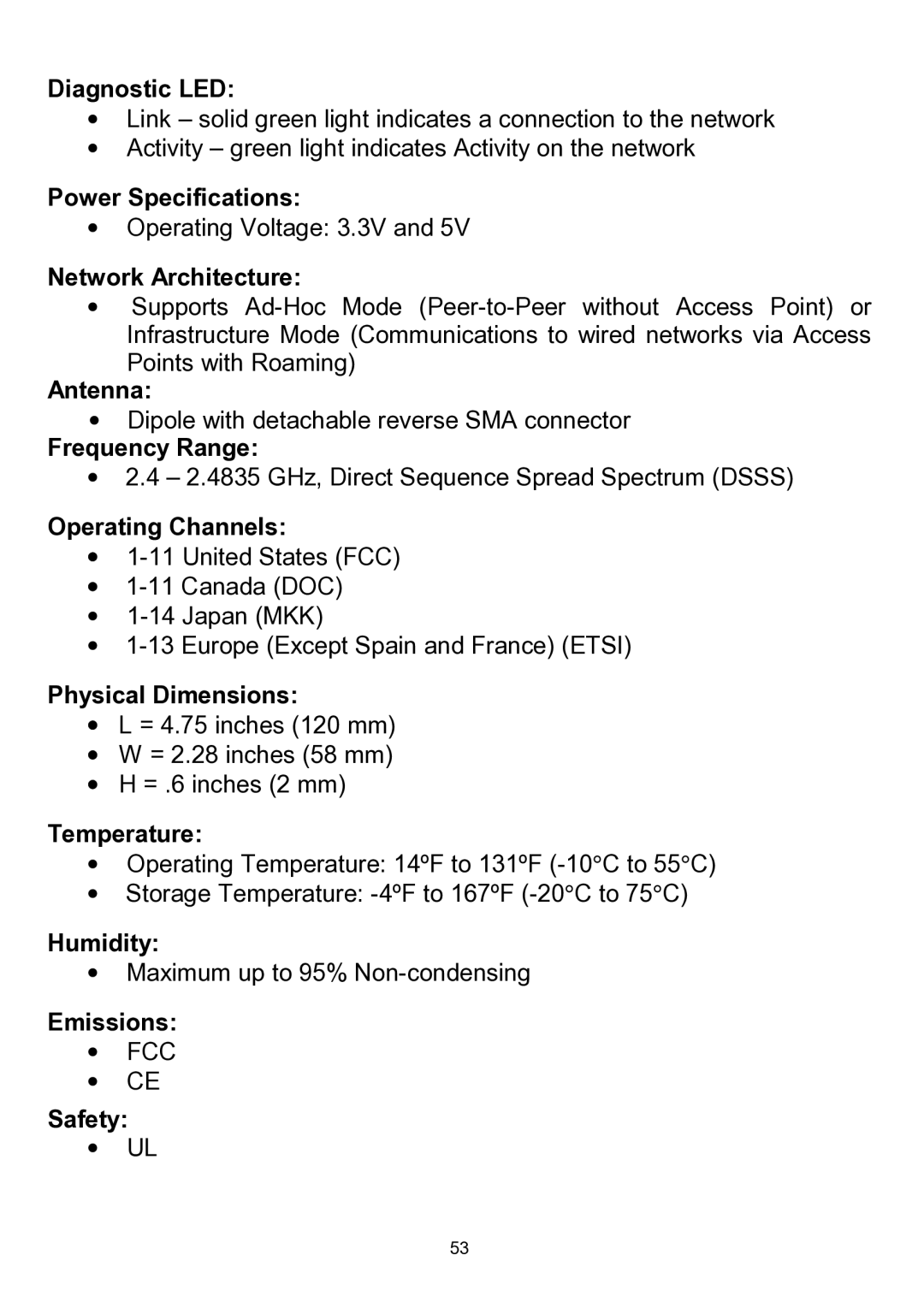 D-Link DWL-510 Diagnostic LED, Power Specifications, Network Architecture, Antenna, Frequency Range, Operating Channels 