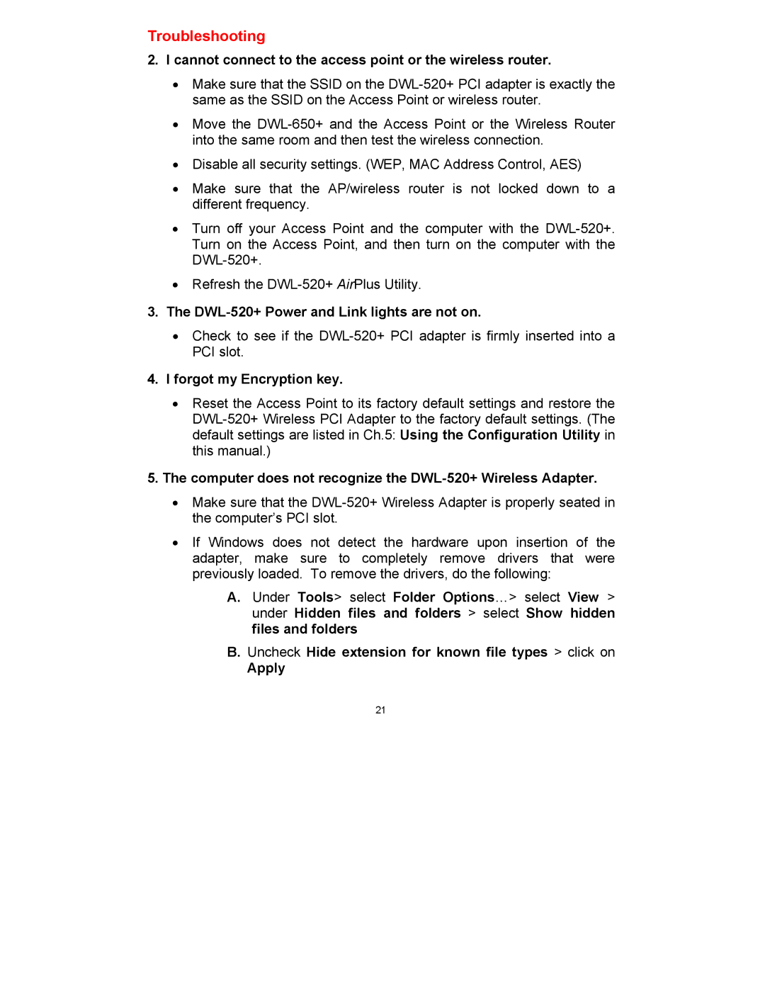 D-Link manual Cannot connect to the access point or the wireless router, DWL-520+ Power and Link lights are not on 