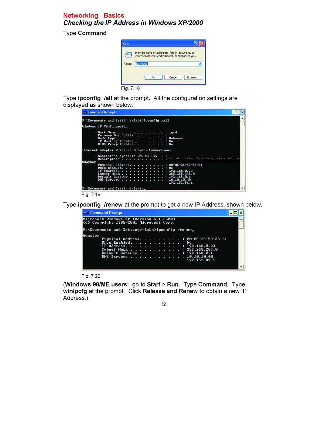 D-Link DWL-520 manual Checking the IP Address in Windows XP/2000, Type Command 