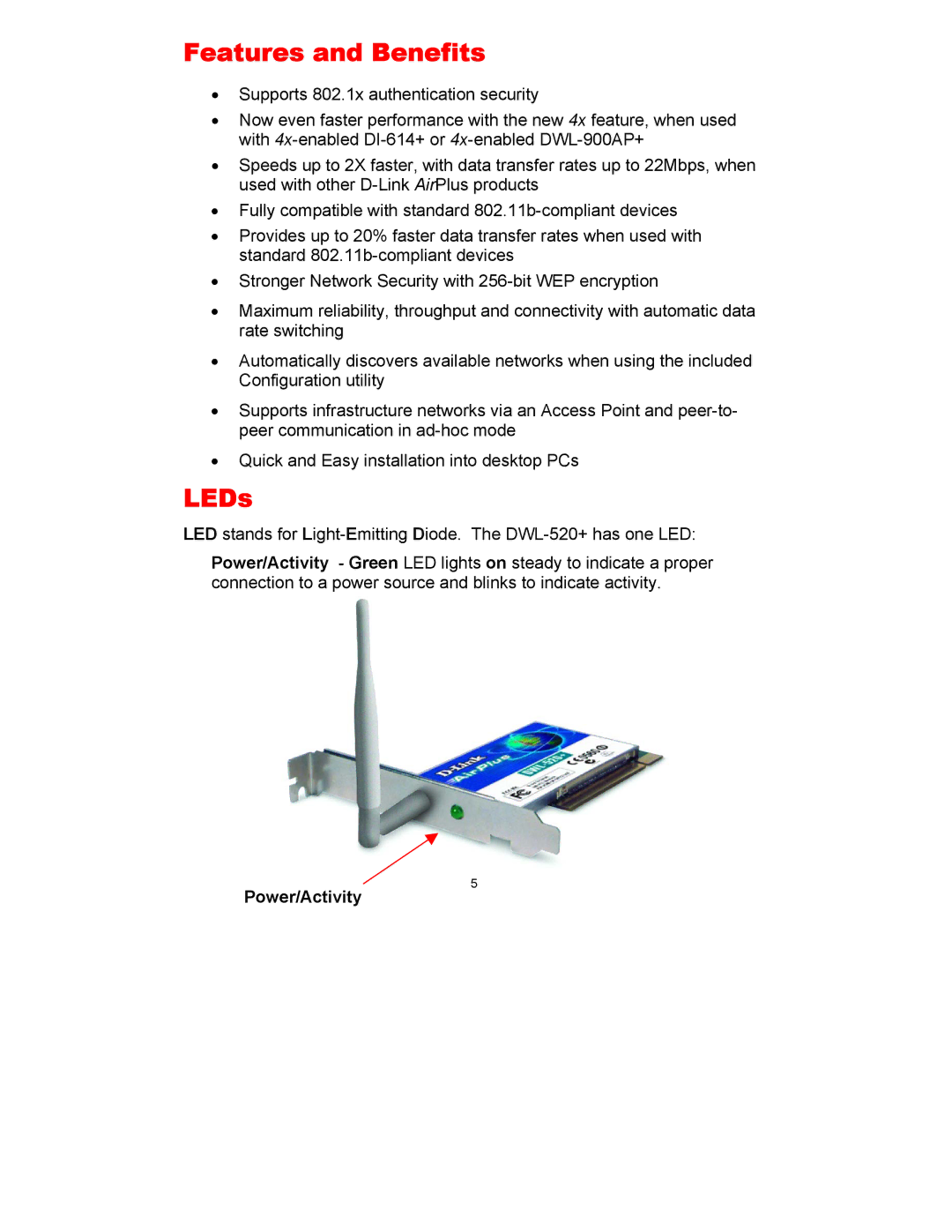 D-Link DWL-520 manual Features and Benefits, LEDs, Power/Activity 