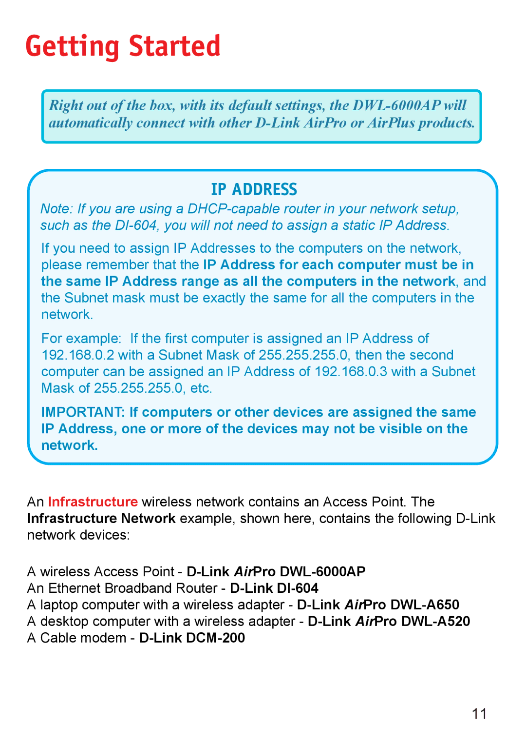 D-Link DWL-6000AP manual Getting Started, IP Address 