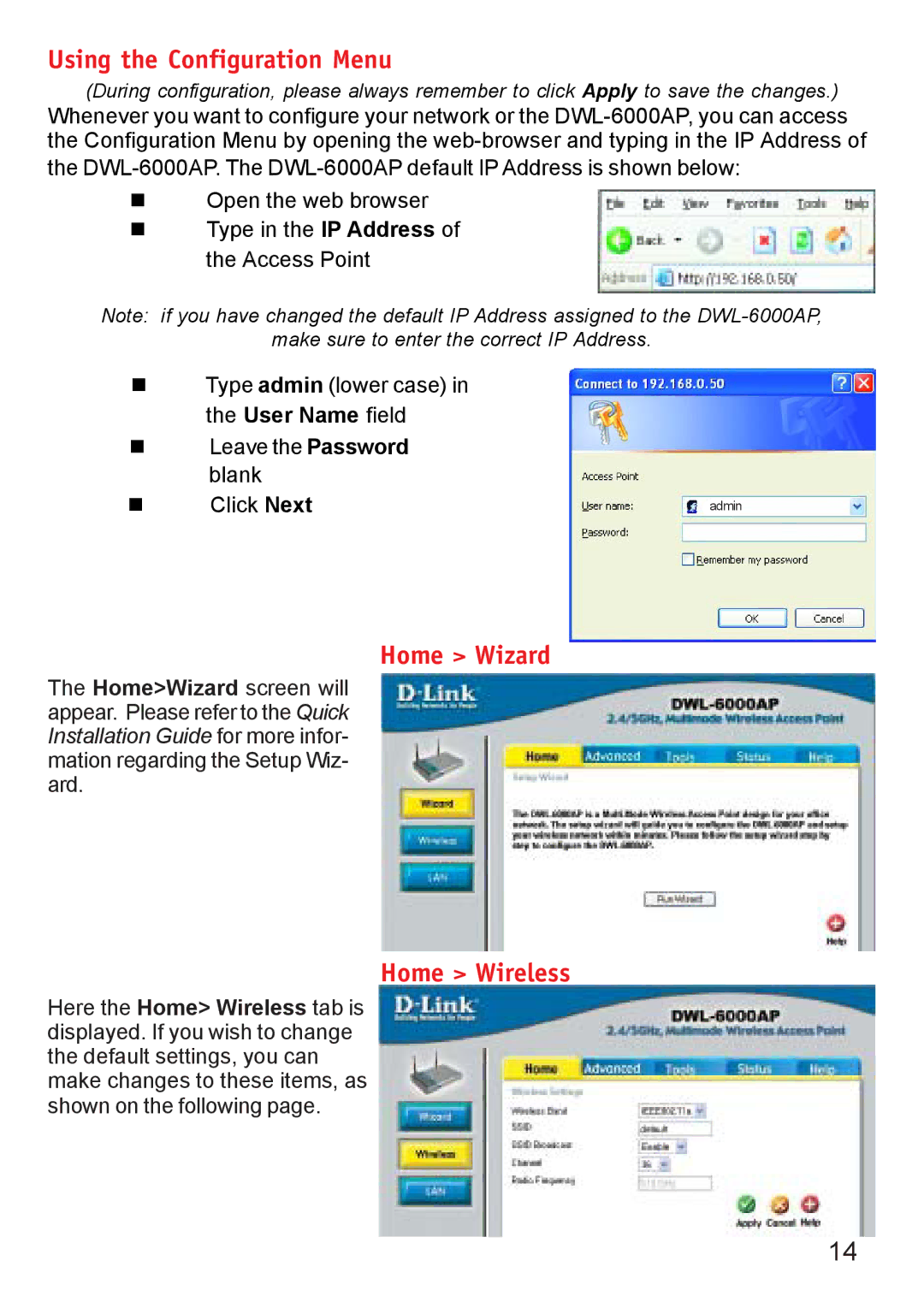 D-Link DWL-6000AP manual Using the Configuration Menu, Home Wizard, Home Wireless 