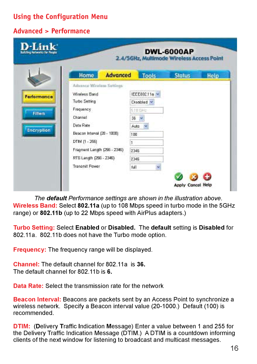 D-Link DWL-6000AP manual Using the Configuration Menu Advanced Performance 