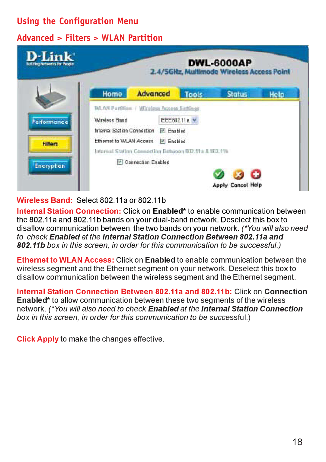 D-Link DWL-6000AP manual Using the Configuration Menu Advanced Filters Wlan Partition 