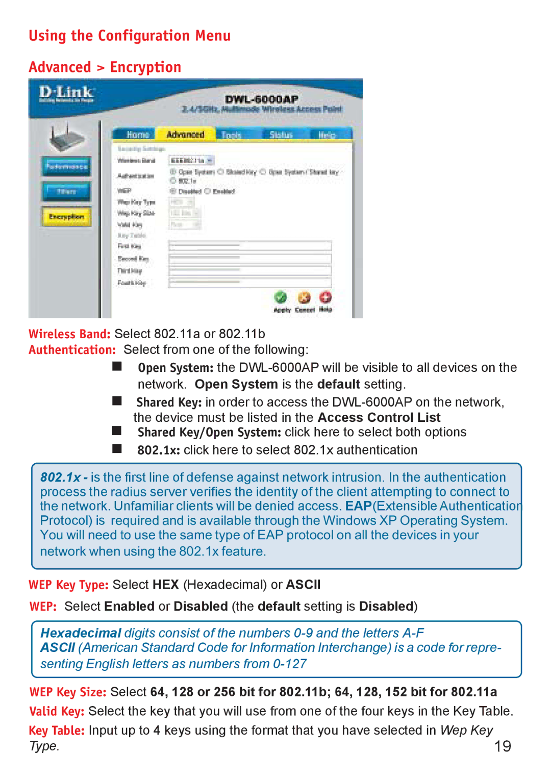 D-Link DWL-6000AP manual Using the Configuration Menu Advanced Encryption 