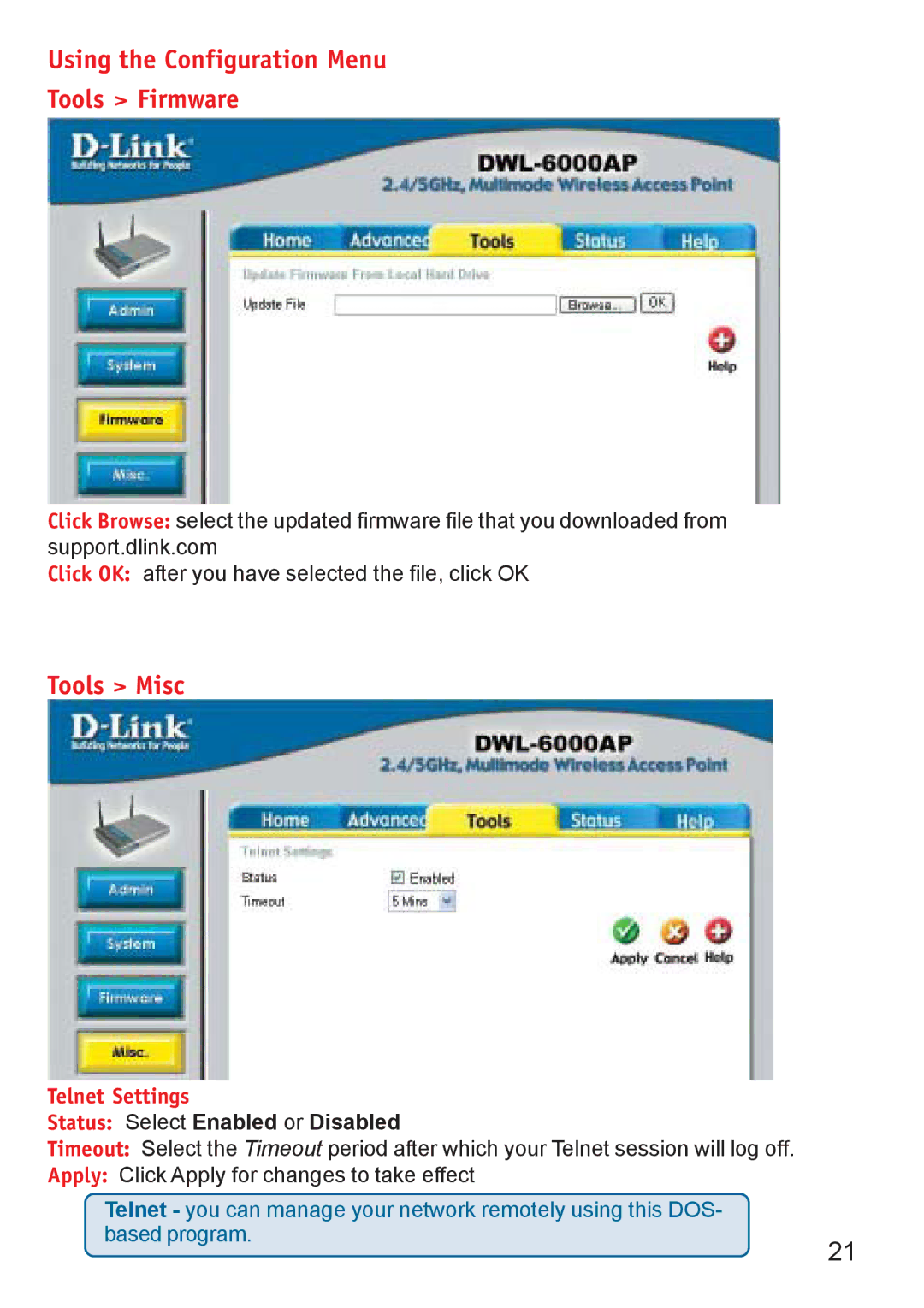 D-Link DWL-6000AP manual Using the Configuration Menu Tools Firmware, Tools Misc 