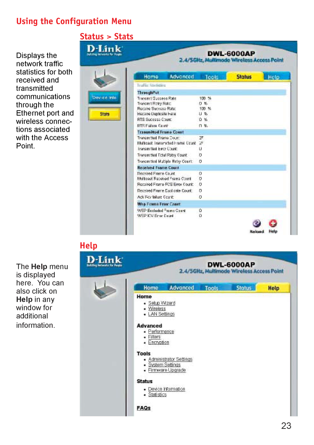D-Link DWL-6000AP manual Help, Using the Configuration Menu Status Stats 