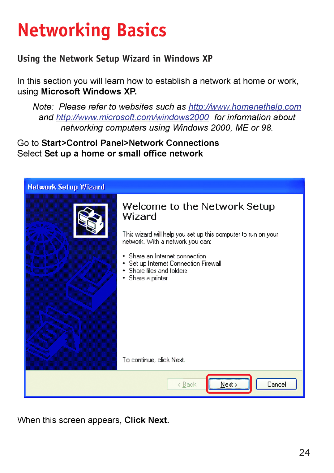 D-Link DWL-6000AP manual Networking Basics, Using the Network Setup Wizard in Windows XP 