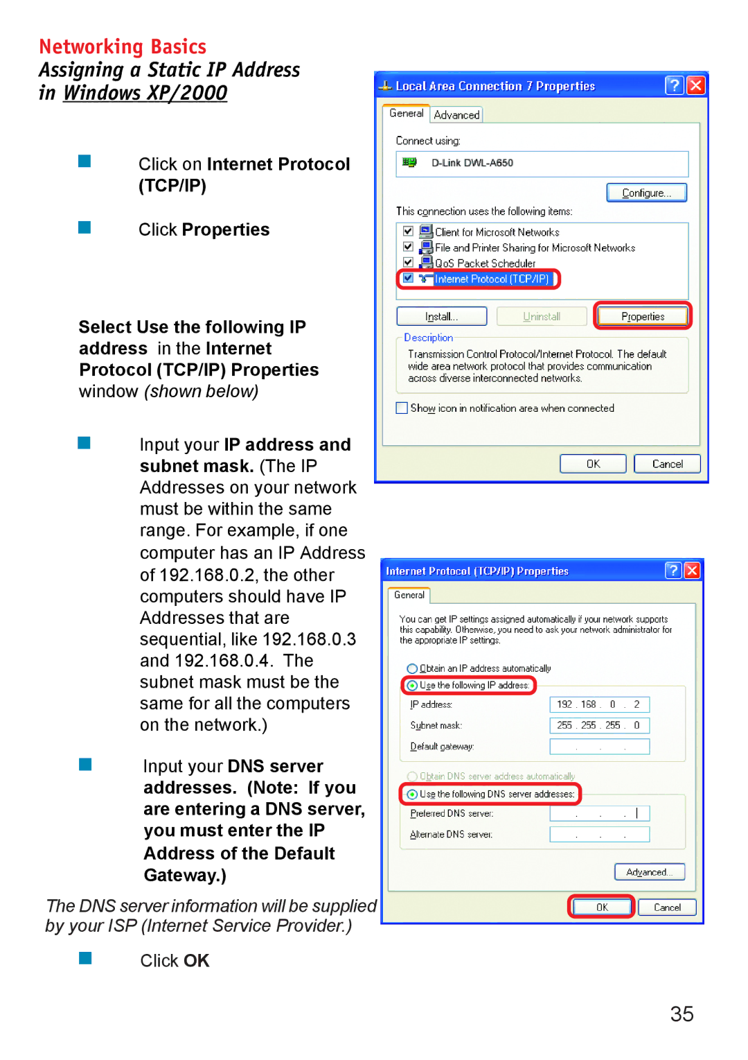 D-Link DWL-6000AP manual Assigning a Static IP Address Windows XP/2000 