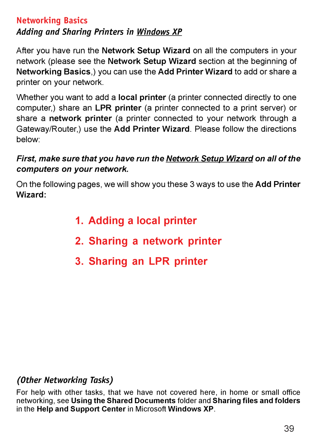 D-Link DWL-6000AP manual Adding and Sharing Printers in Windows XP, Other Networking Tasks 