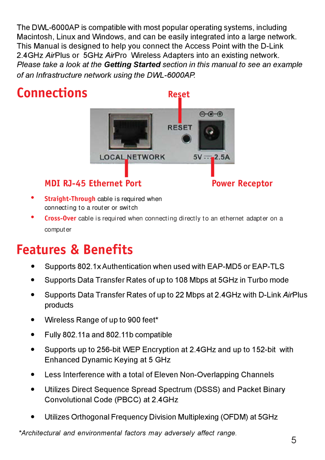 D-Link DWL-6000AP manual Connections, Reset MDI RJ-45 Ethernet Port 