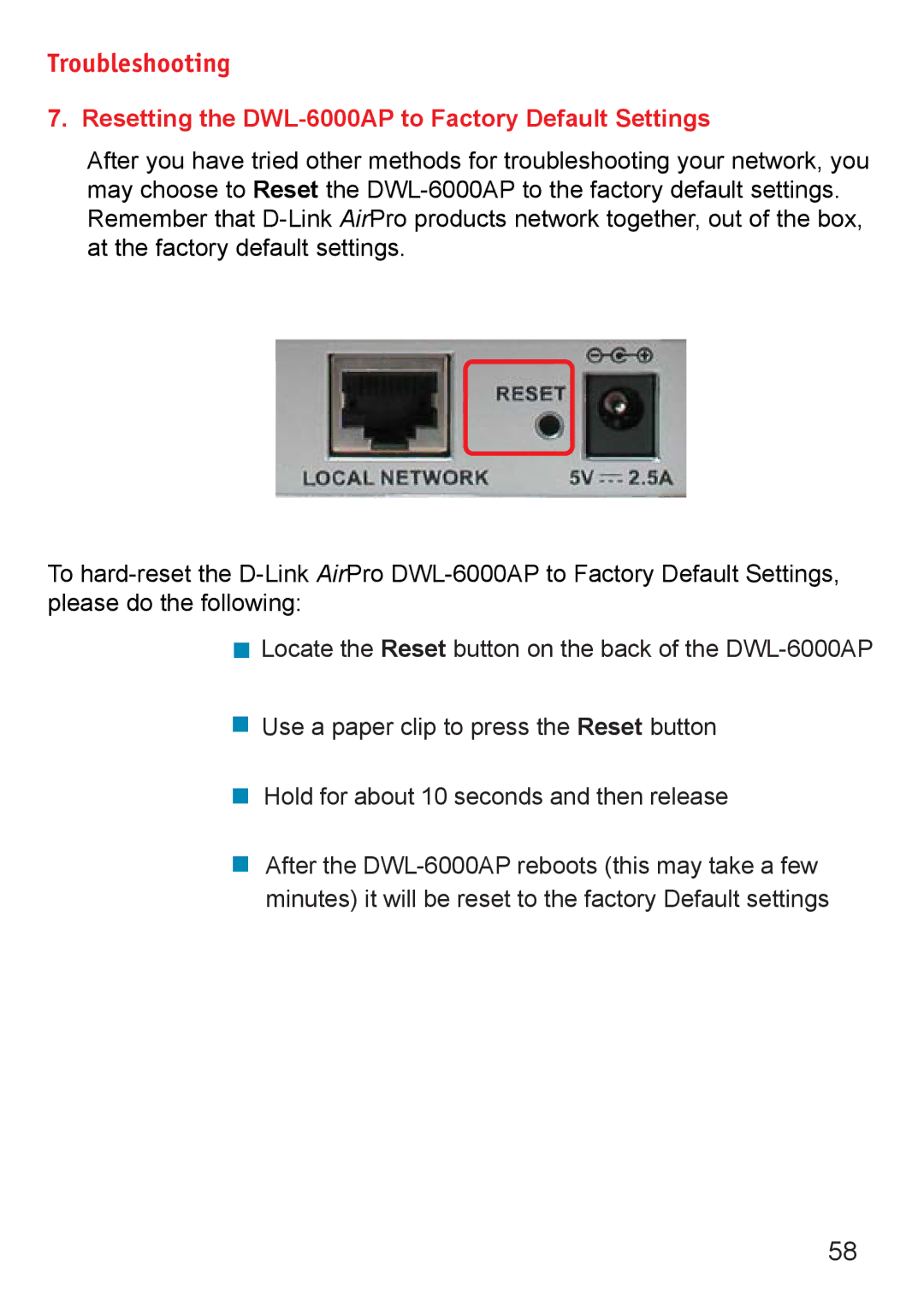 D-Link manual Resetting the DWL-6000AP to Factory Default Settings 