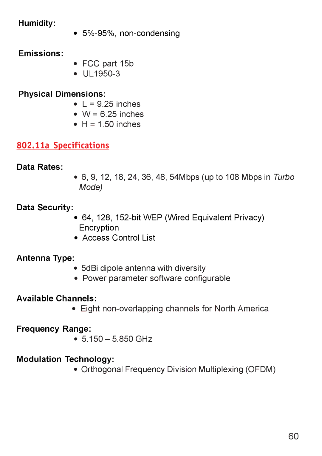 D-Link DWL-6000AP manual 802.11a Specifications 