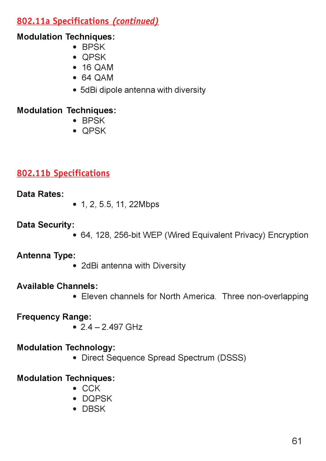 D-Link DWL-6000AP manual 802.11b Specifications 