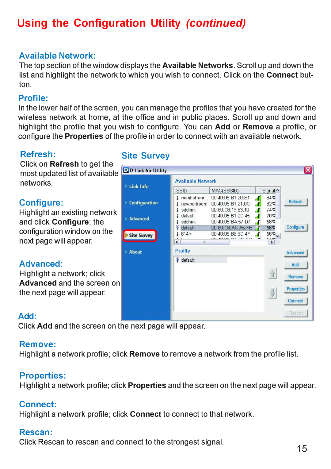 D-Link DWL-610 manual Available Network, Profile, Refresh Site Survey, Configure, Add, Remove, Properties, Connect, Rescan 