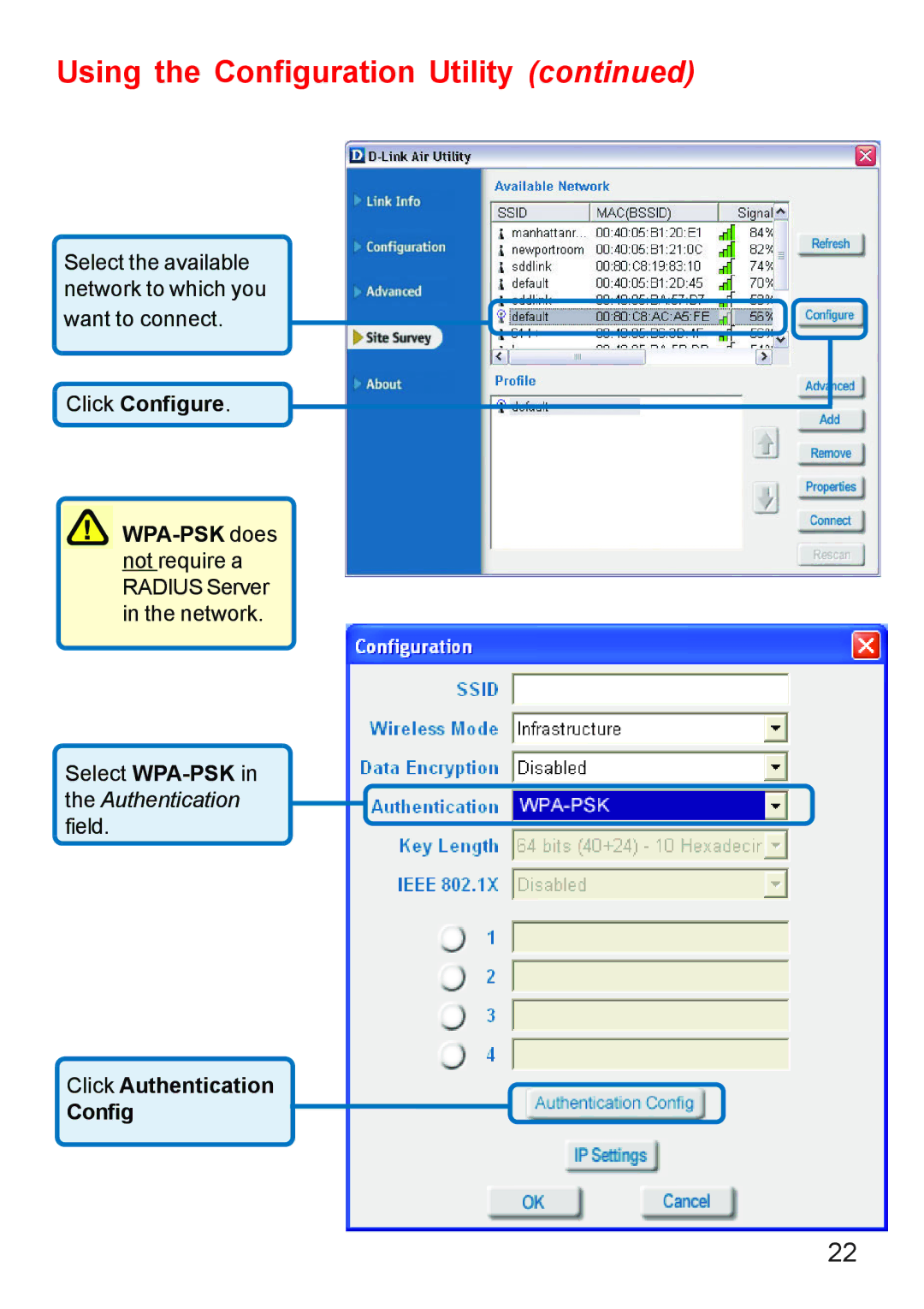 D-Link DWL-610 manual Select WPA-PSKin the Authentication field 