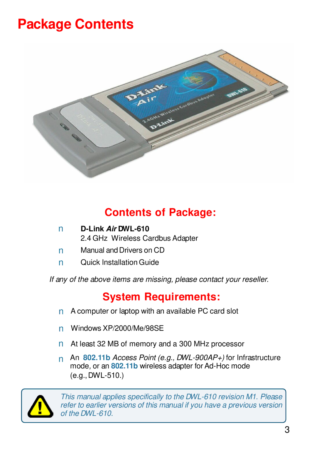 D-Link DWL-610 manual Package Contents 