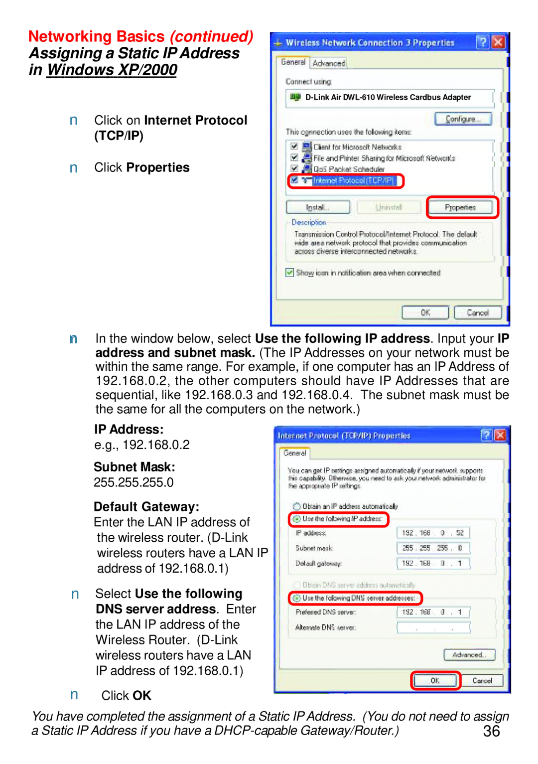 D-Link DWL-610 manual Assigning a Static IP Address Windows XP/2000 