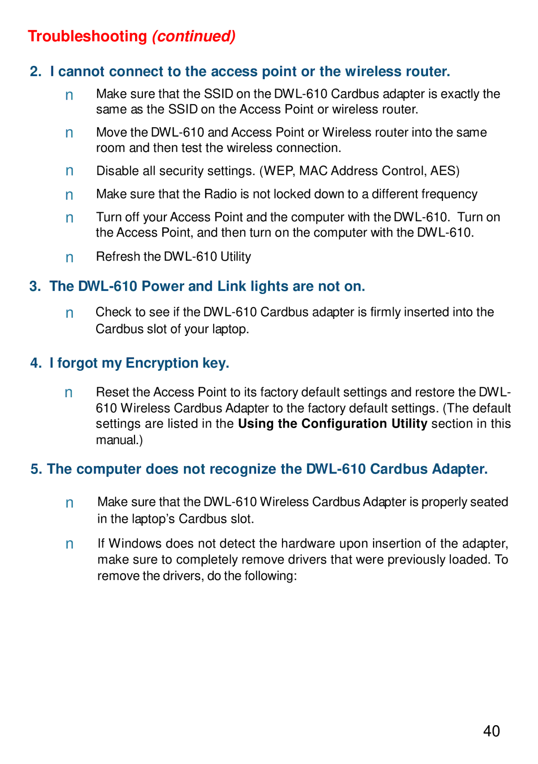 D-Link DWL-610 manual Cannot connect to the access point or the wireless router 