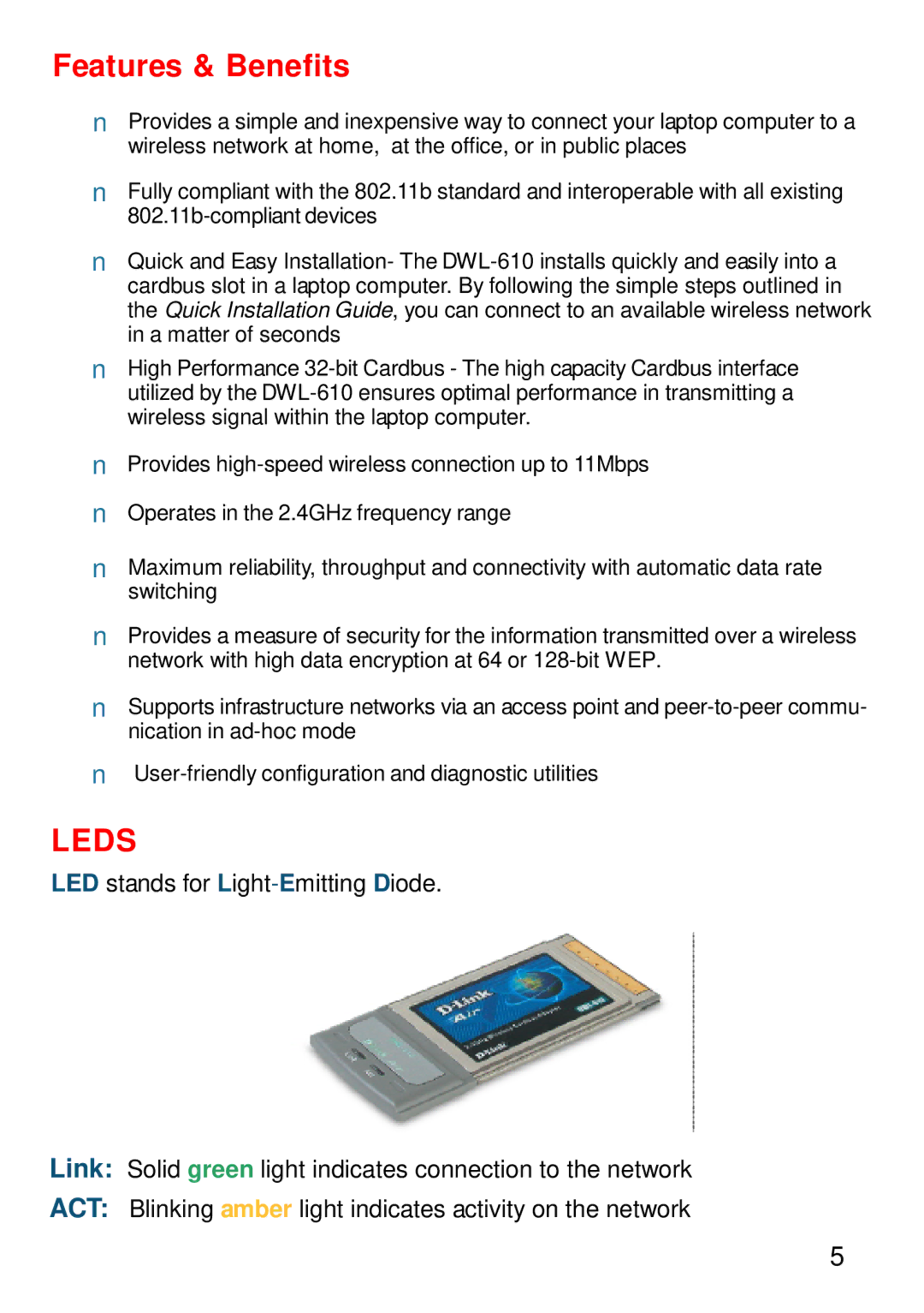 D-Link DWL-610 manual Leds 