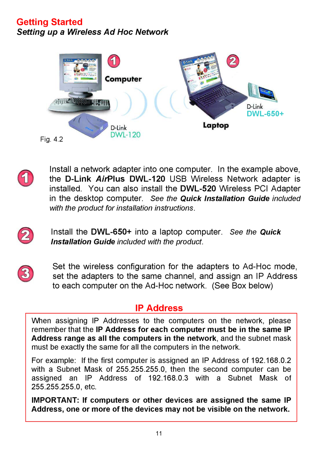 D-Link DWL-650+ manual IP Address, Setting up a Wireless Ad Hoc Network 