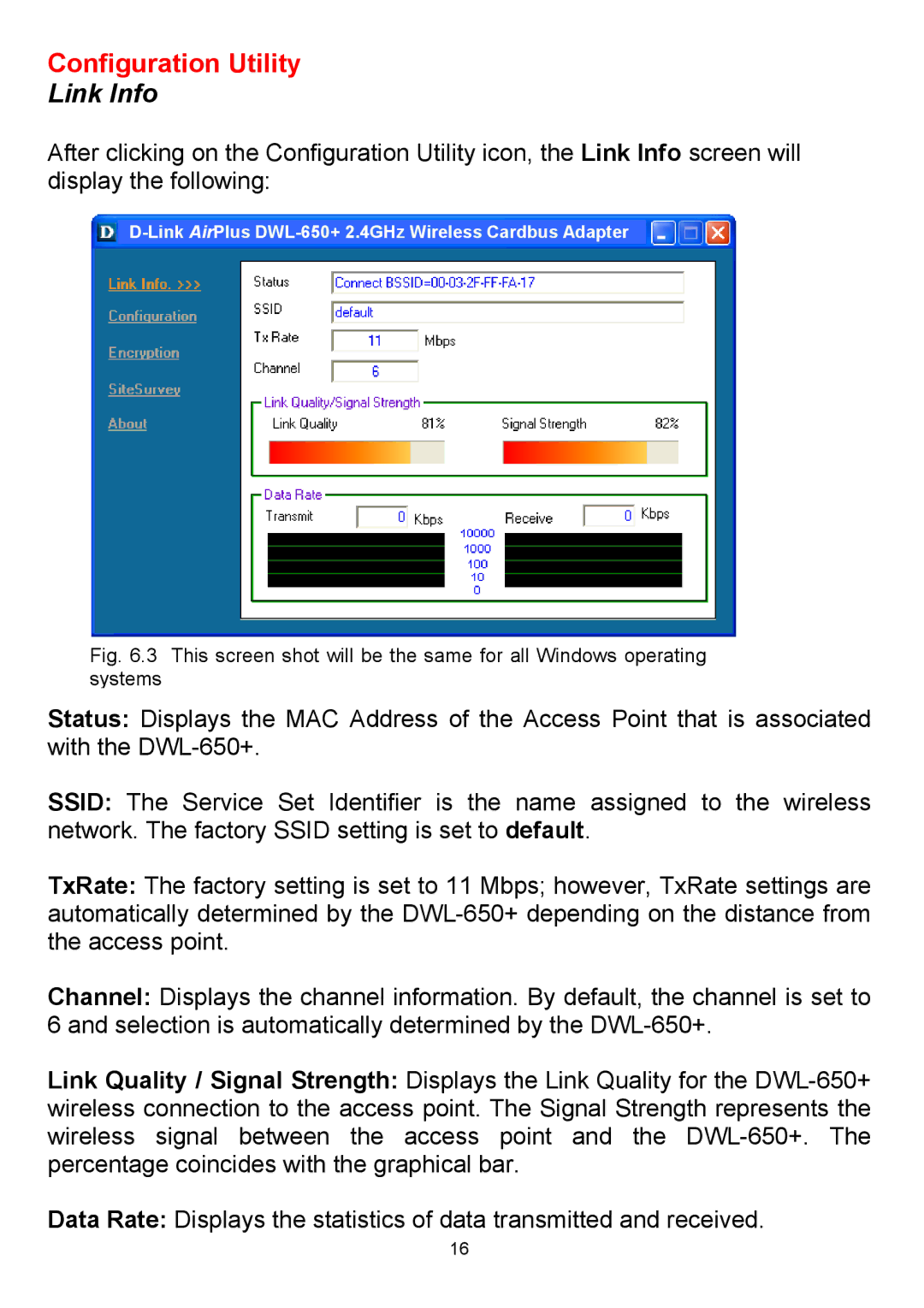 D-Link DWL-650+ manual Configuration Utility, Link Info 