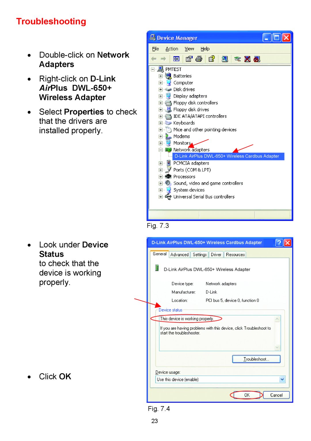 D-Link manual Troubleshooting, Adapters, AirPlus DWL-650+ Wireless Adapter, Status 