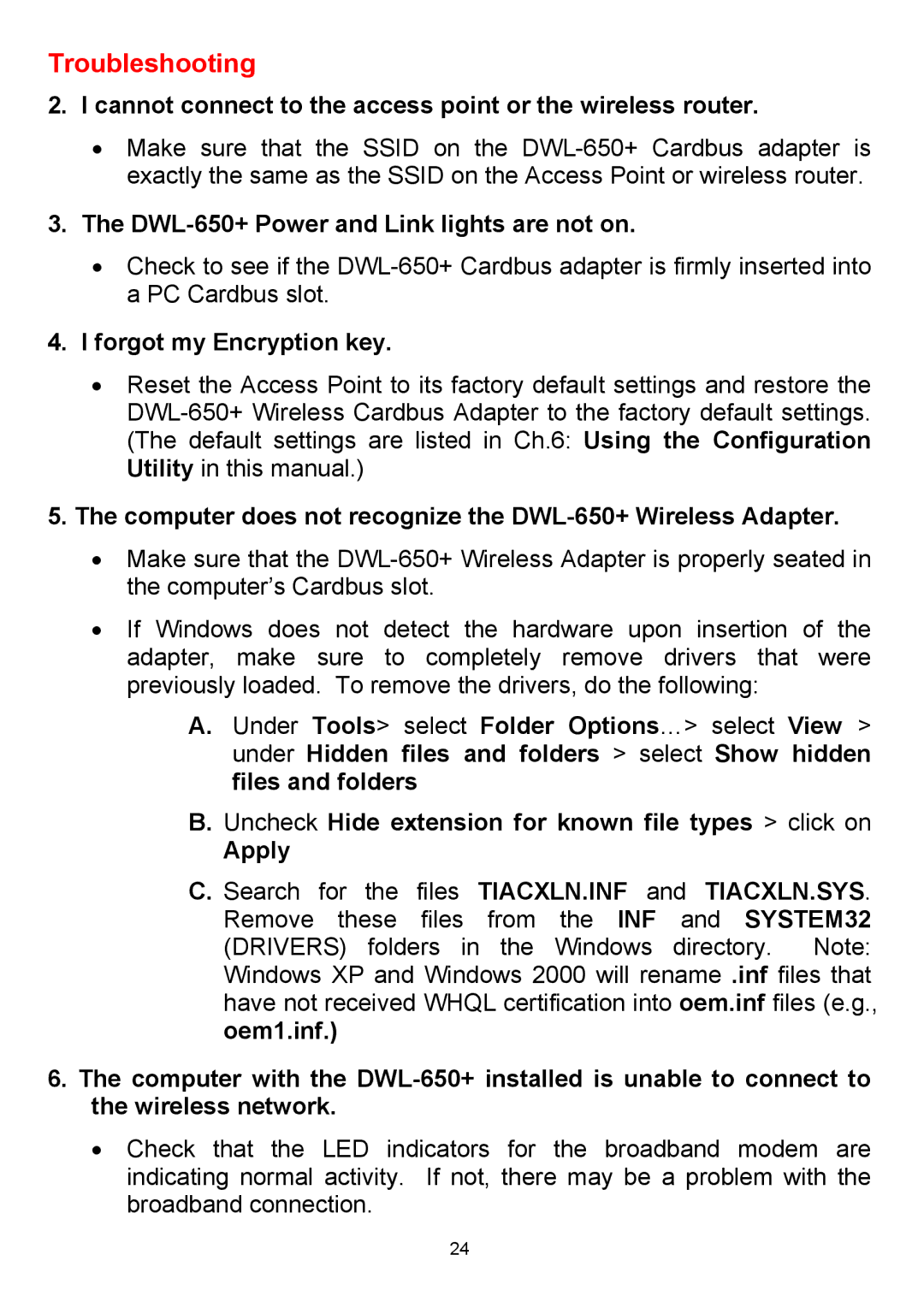 D-Link manual Cannot connect to the access point or the wireless router, DWL-650+ Power and Link lights are not on 