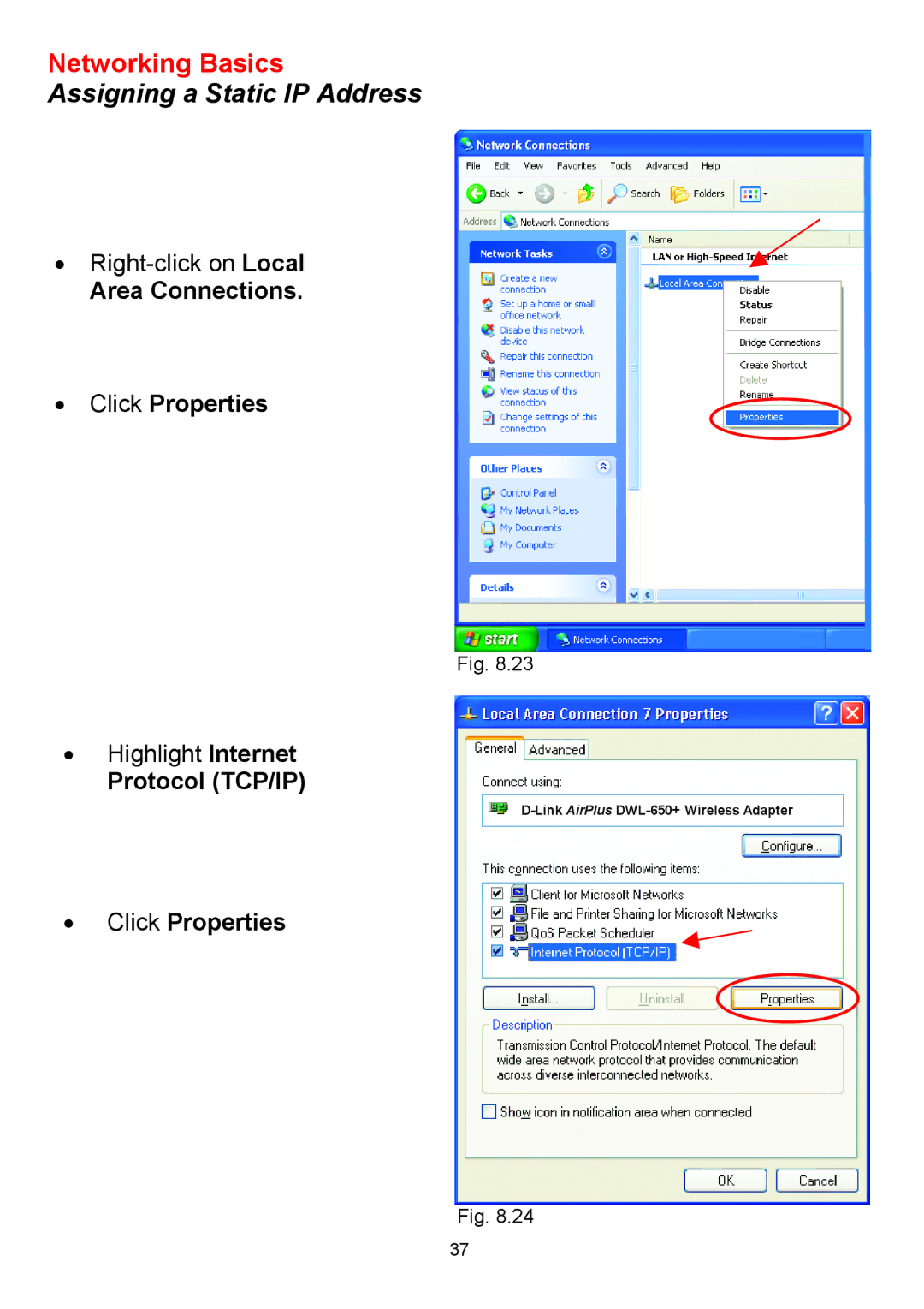 D-Link DWL-650+ manual Area Connections Click Properties, Protocol TCP/IP 