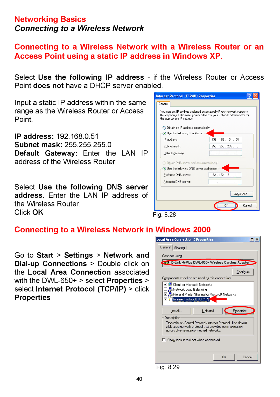 D-Link DWL-650+ manual Connecting to a Wireless Network in Windows, IP address Subnet mask 