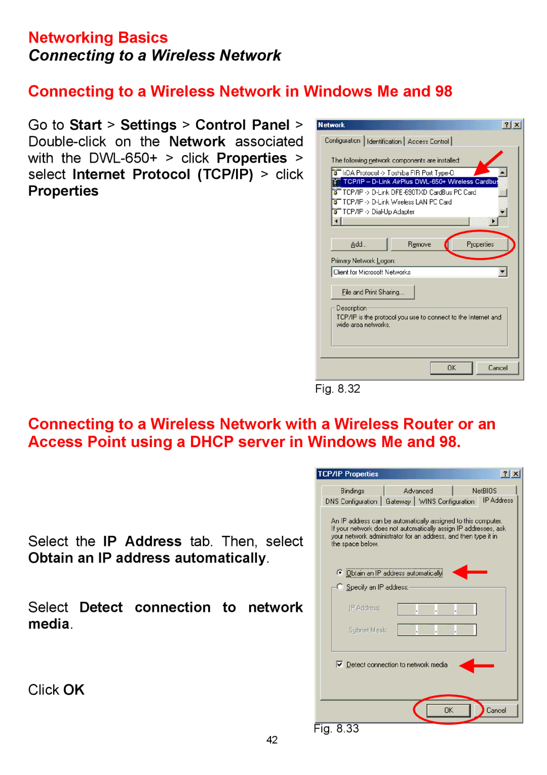 D-Link DWL-650+ manual Connecting to a Wireless Network in Windows Me, Properties 