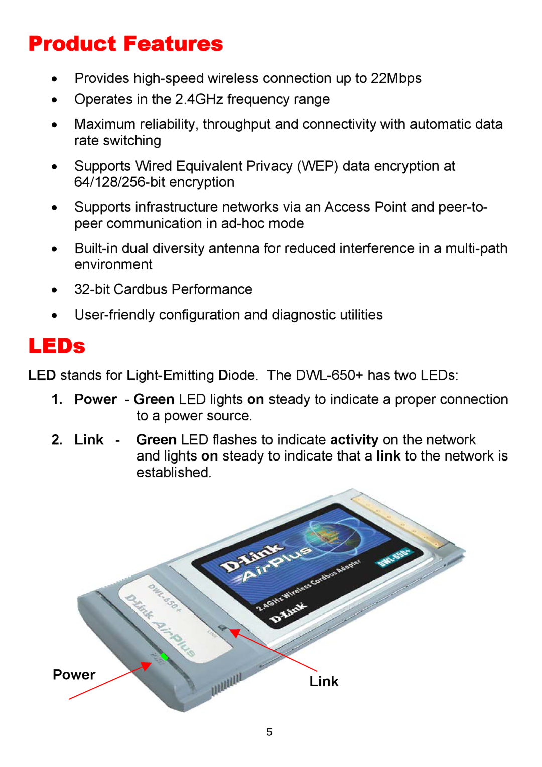 D-Link DWL-650+ manual Product Features, LEDs, Power Link 