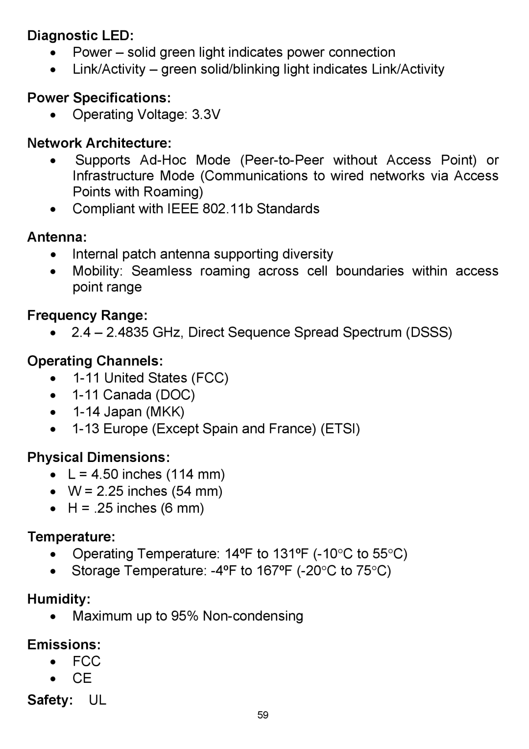 D-Link DWL-650+ Diagnostic LED, Power Specifications, Network Architecture, Antenna, Frequency Range, Operating Channels 