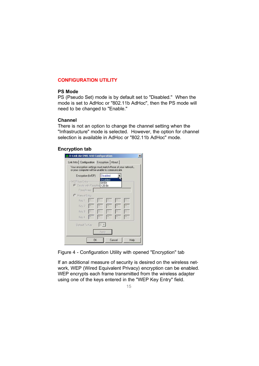 D-Link DWL-650 user manual PS Mode, Channel, Encryption tab 