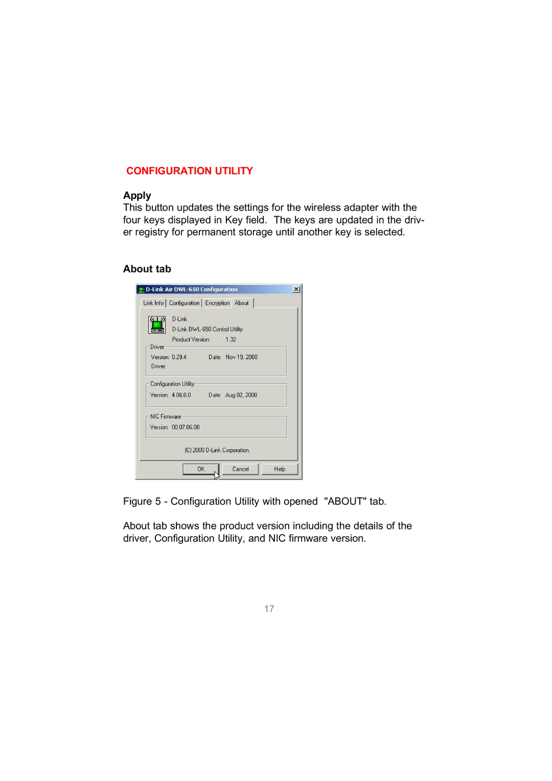 D-Link DWL-650 user manual Apply, About tab 