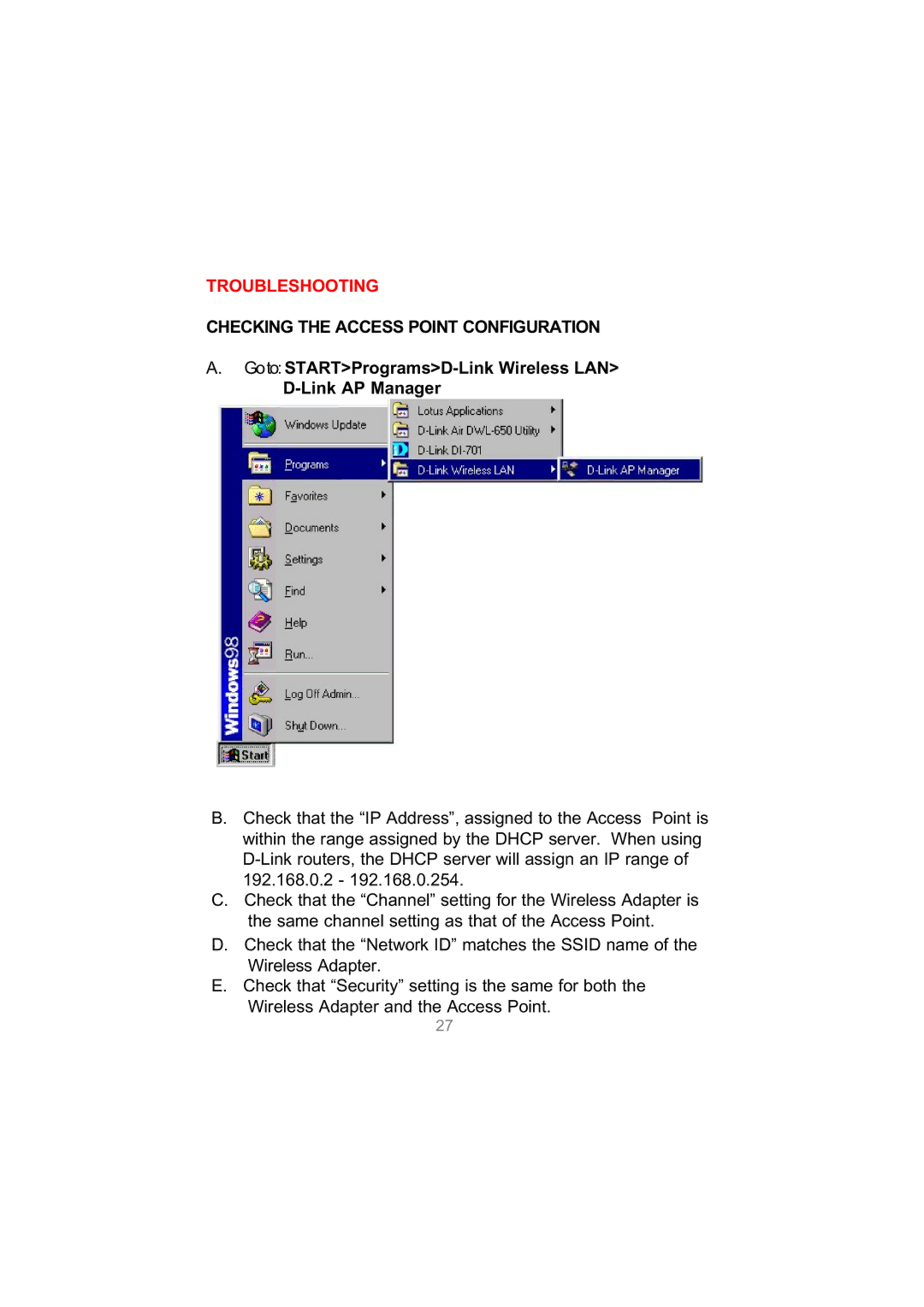 D-Link DWL-650 user manual Checking the Access Point Configuration, Goto STARTProgramsD-Link Wireless LAN Link AP Manager 