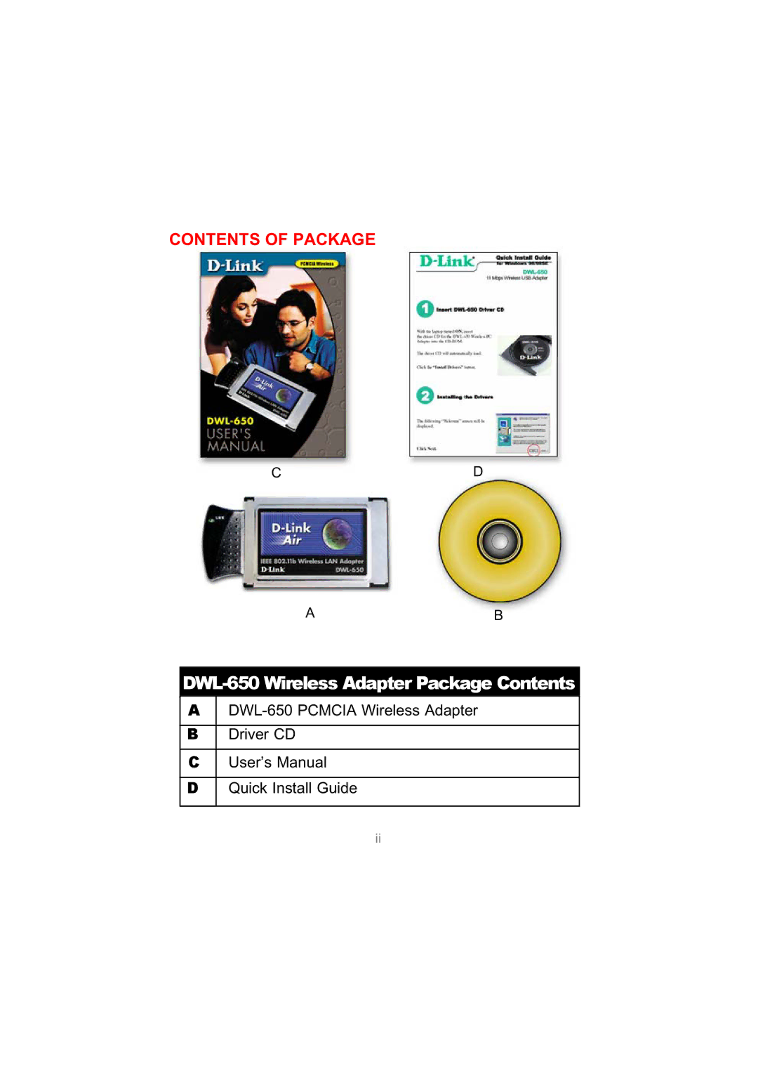 D-Link user manual DWL-650 Wireless Adapter Package Contents 