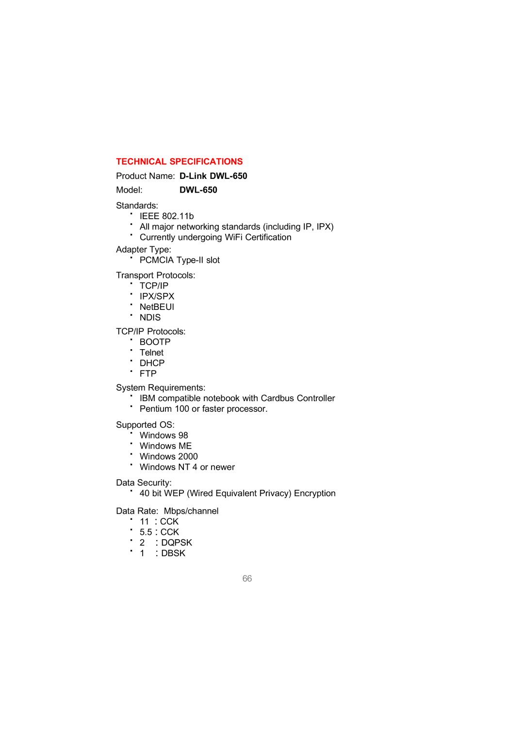 D-Link DWL-650 user manual Technical Specifications 