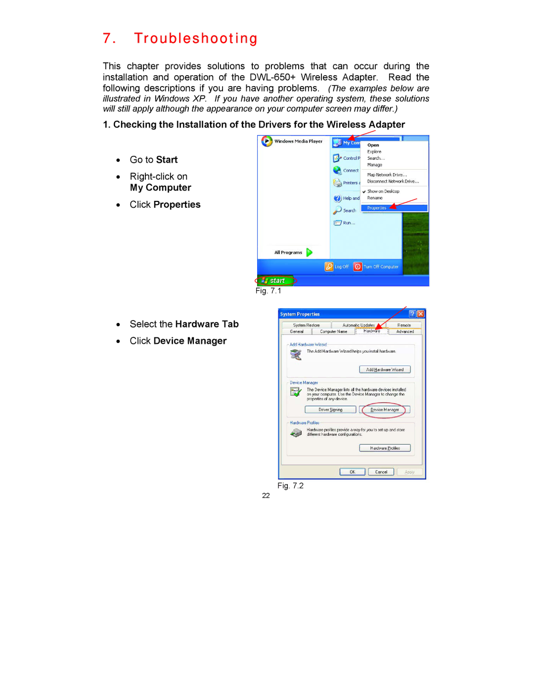 D-Link DWL-650 manual Troubleshooting, My Computer Click Properties, Click Device Manager 