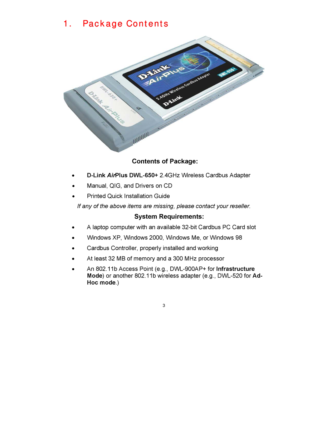 D-Link DWL-650 manual Package Contents 