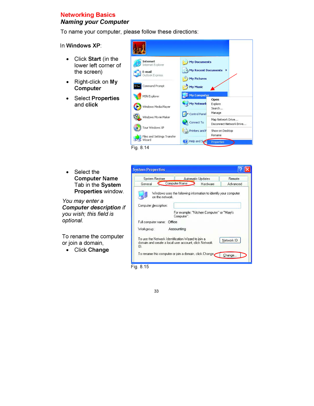 D-Link DWL-650 manual Naming your Computer, Windows XP, Computer Select Properties and click 